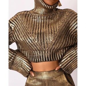 Hanifa Metallic Gold Cropped Turtleneck Sweater